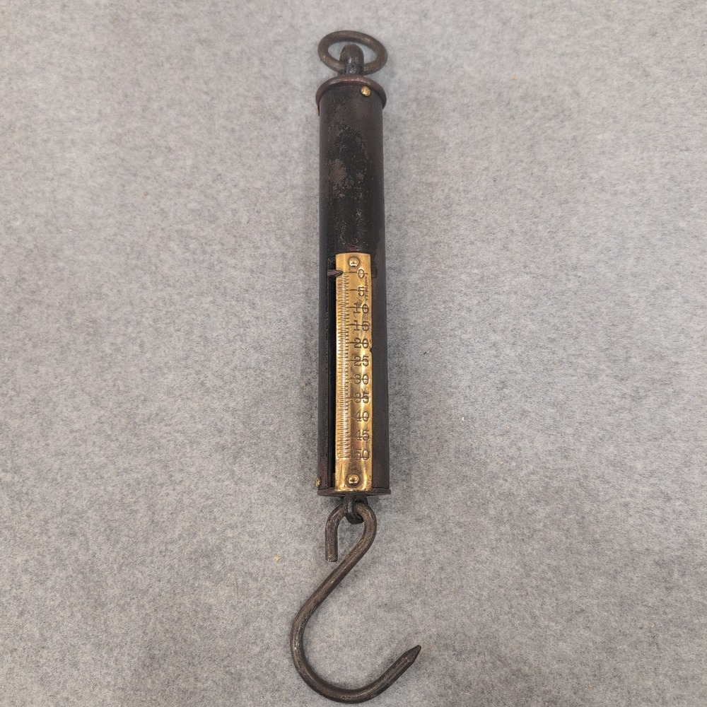 Antique Hanging‎ Spring Scale Balance (0-50 lbs) – Made in USA – Brass Face